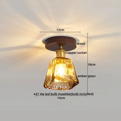 Modern amber glass pendant ceiling light with wooden base and copper socket for decorbites led ceiling light use