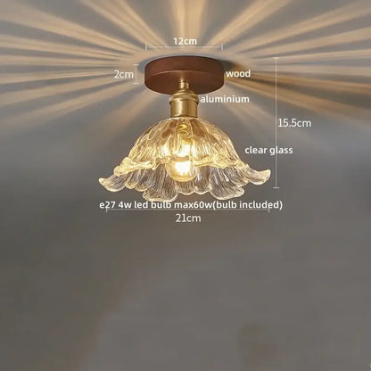 Modern brass and wood led ceiling light with delicate clear glass flower shape and brass accents for bedroom decorbites ceiling light