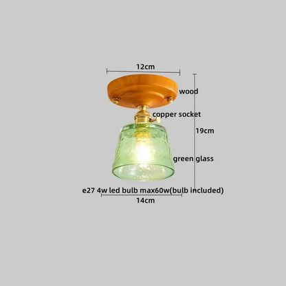 Modern brass and wood led ceiling light with warm wood base copper socket and textured green glass shade for bedroom decorbites led ceiling