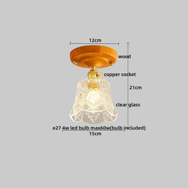 Modern brass and wood led ceiling light with warm wood base copper socket and etched clear glass shade for decorbites ceiling light