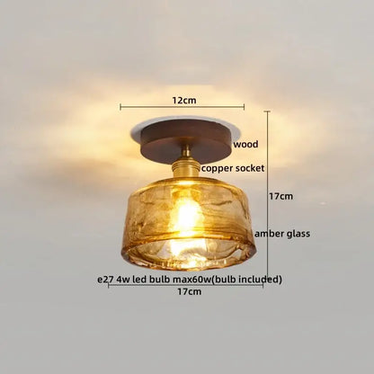 Modern brass and wood led ceiling light with warm amber glass pendant and copper socket for bedroom decorbites led ceiling