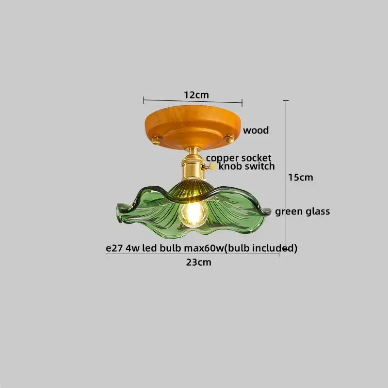 Modern brass and wood led ceiling light featuring a green glass leaf pendant with wooden base and copper socket decorbites led ceiling