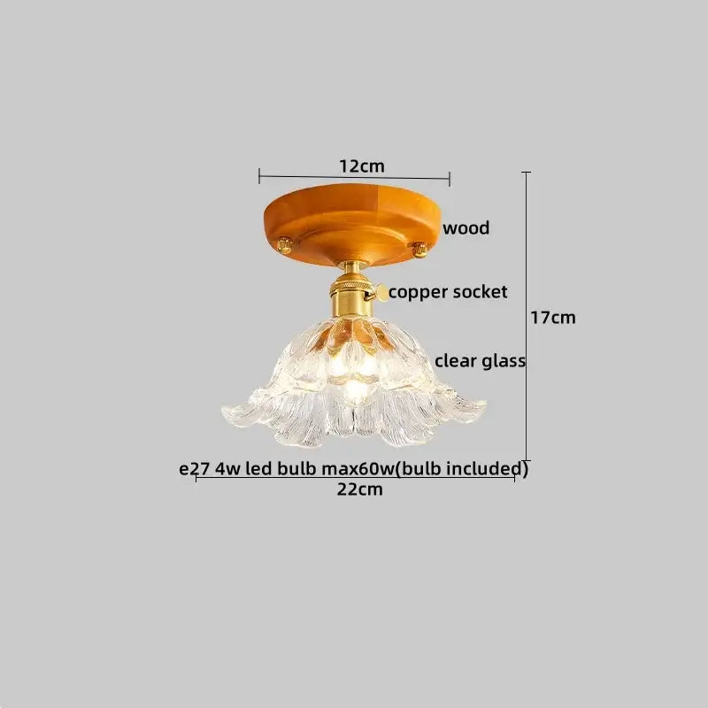 Modern brass and wood led ceiling light with delicate clear glass flower pendant for bedroom decorbites led ceiling light