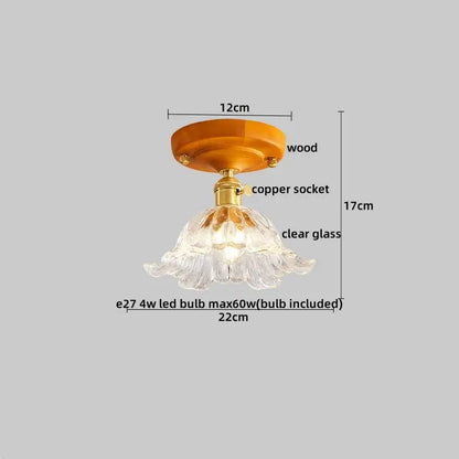 Modern brass and wood led ceiling light with delicate clear glass flower pendant for bedroom decorbites led ceiling light
