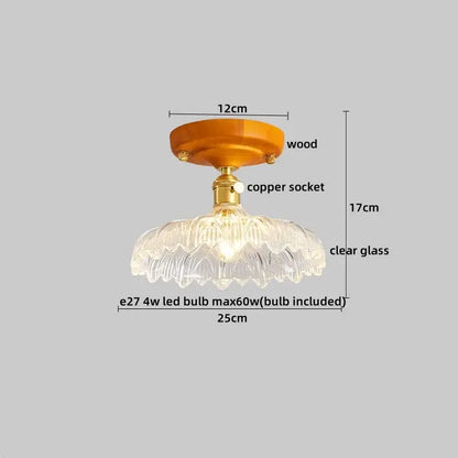 A clear glass ceiling light with fluted design and amber wooden mount for modern decorbites led ceiling light use