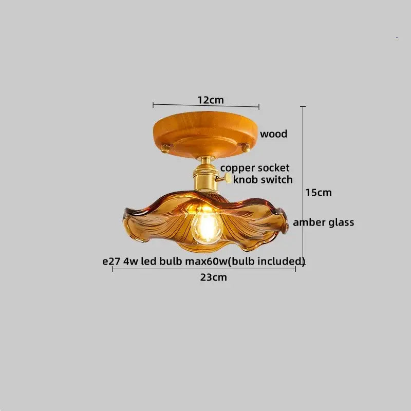 Modern brass and wood led ceiling light with warm amber glass pendant, copper socket, and wooden ceiling mount decorbites led ceiling