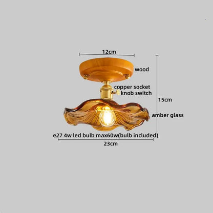 Modern brass and wood led ceiling light with warm amber glass pendant, copper socket, and wooden ceiling mount decorbites led ceiling