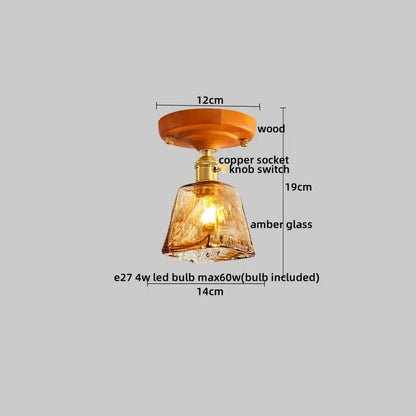 A warm amber glass modern brass and wood led ceiling light with wooden mount and copper socket for bedroom decorbites led ceiling