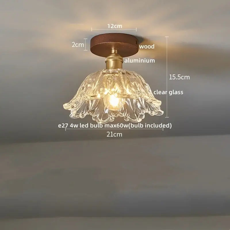 Vintage-style led ceiling light with wooden base brass aluminum stem and clear blooming flower glass shade decorbites led ceiling
