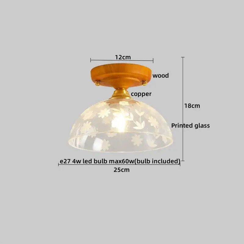 Modern brass and wood led ceiling light with frosted glass shade featuring floral patterns for bedroom decorbites ceiling light