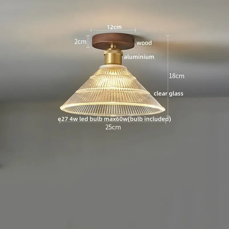 Modern brass and wood led ceiling light with warm-toned vintage design and clear ridged glass shade for bedroom decorbites led ceiling