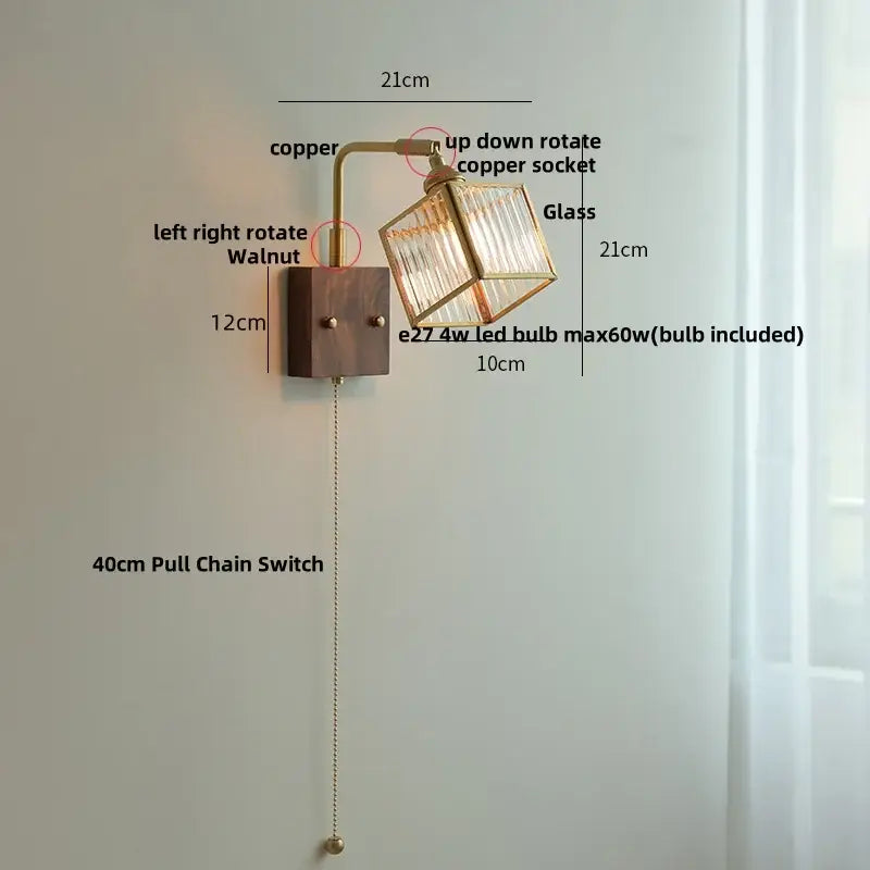 A rustic wall light with walnut base copper arm and faceted glass cube shade for modern led wall lights usage