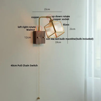 A rustic wall light with walnut base copper arm and faceted glass cube shade for modern led wall lights usage
