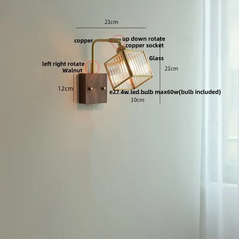 Modern brass and wood led wall lights featuring a copper and walnut wall sconce with a geometric blue glass cube shade