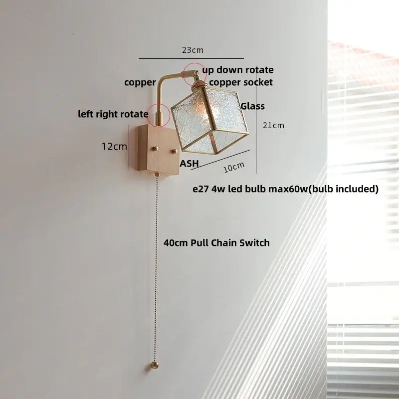 Modern brass and wood led wall lights with copper and ash wood finish, geometric blue glass shade, adjustable rotation