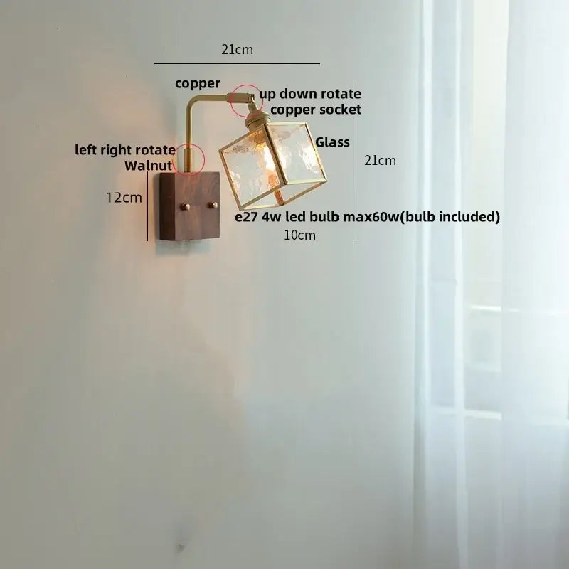 Modern brass and wood led wall lights featuring a copper and walnut wall sconce with a geometric glass cube shade