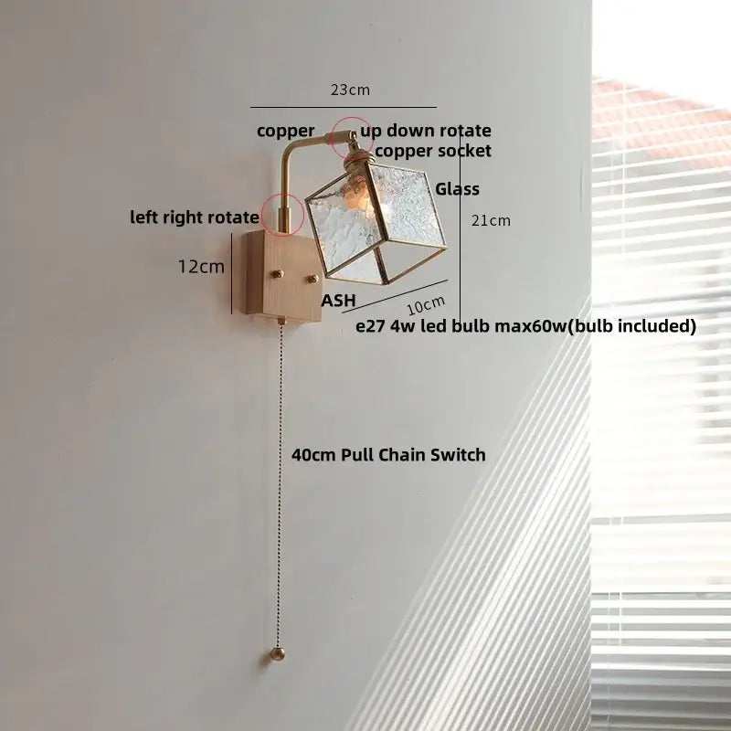 Copper-finished led wall light with geometric glass shade and adjustable pull chain for modern bedroom lighting
