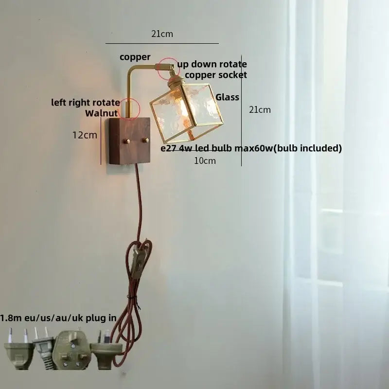 Modern brass and wood led wall lights with copper and walnut sconce and blue glass cube shade for bedroom use