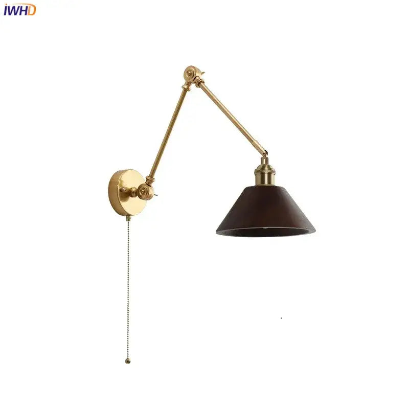 Brass-finished led wall sconce with dark brown conical shade and pull-chain switch for modern bedroom lighting