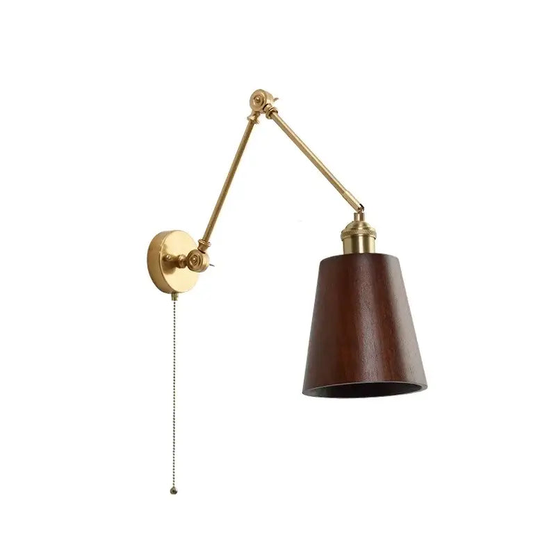 Modern brass and wood led wall sconce with adjustable arm dark wood conical shade and pull chain switch for bedroom