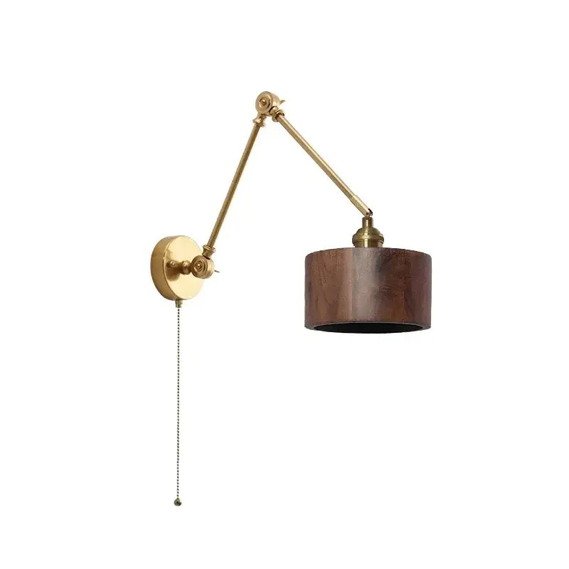 Modern brass and wood led wall sconce with adjustable arm, dark wood shade, and pull chain switch for bedroom use