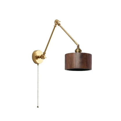 Modern brass and wood led wall sconce with adjustable arm, dark wood shade, and pull chain switch for bedroom use