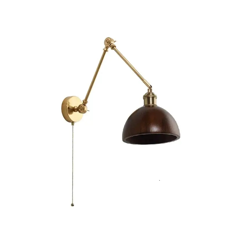 Modern brass and wood led wall sconce with a dark brown dome shade and adjustable pull chain for bedroom lighting