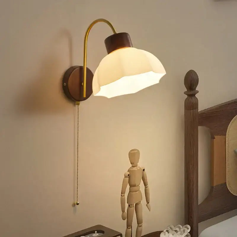 Modern brass and wood led wall sconce pull chain with warm-toned brass and cream glass for bedroom decorbites led wall use
