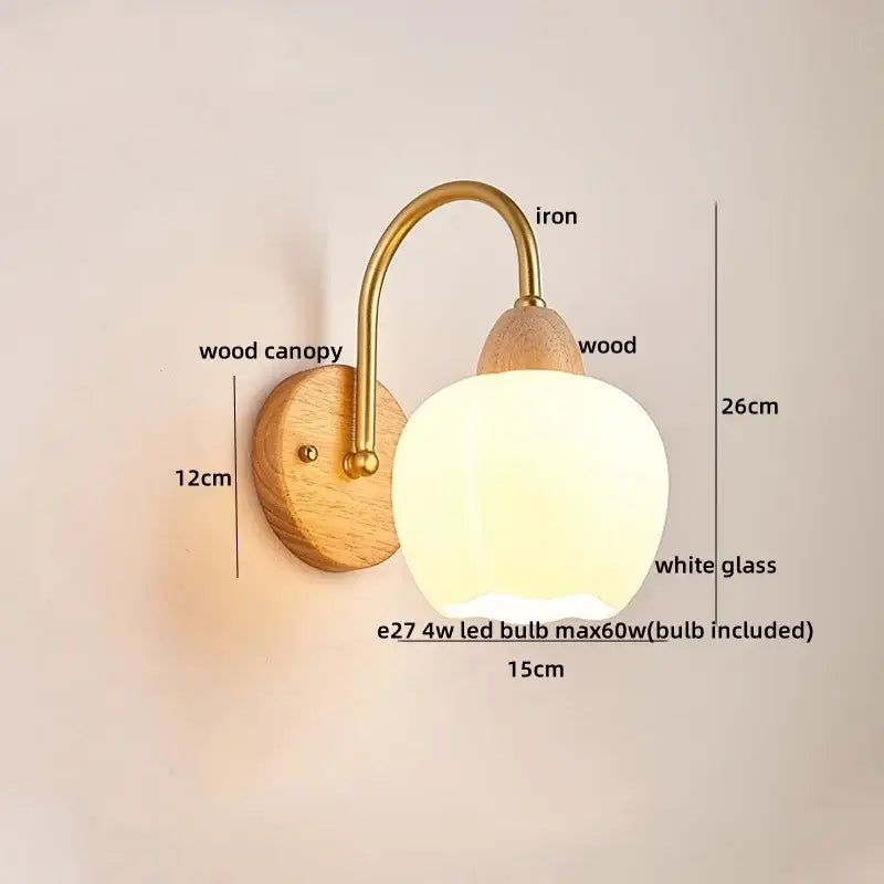 Modern brass and wood tulip led wall lamp with white glass shade for living room decorbites led wall lamps