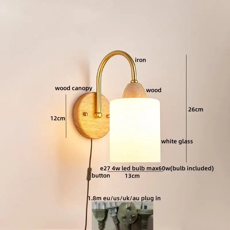 Modern brass and wood tulip led wall lamps with frosted glass shade for living room decor featuring brass iron arm and wooden base