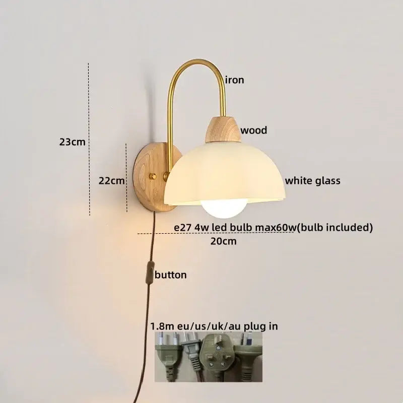 Modern brass and wood tulip led wall lamps feature a warm-toned white glass shade for stylish living room decorbites led wall decor