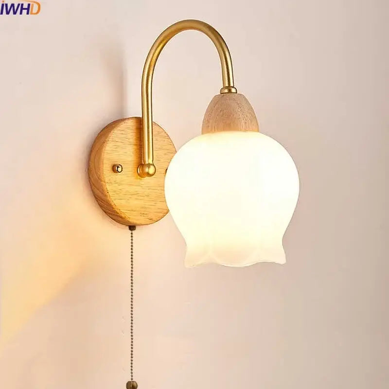 Modern brass and wood tulip led wall lamps with frosted glass shade perfect for living room decorbites led wall lamps