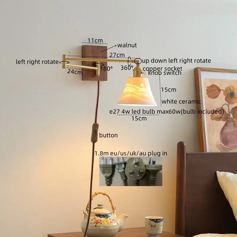 Modern brass and wood wall light with warm-toned white ceramic copper led lampshade featuring subtle gradient design