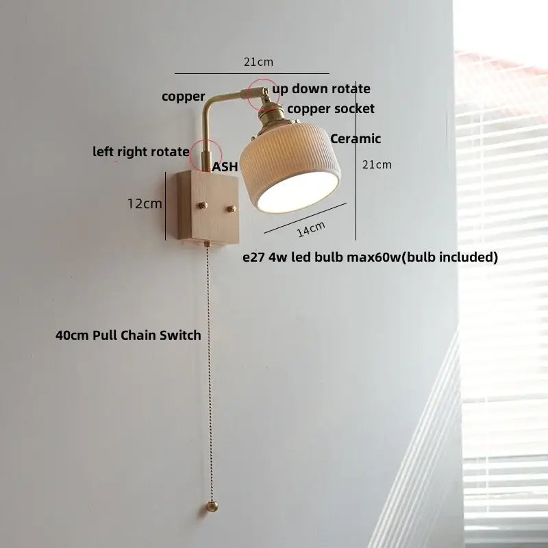 Copper-finished wall light fixture with adjustable arm and ceramic lampshade for modern bedroom lighting