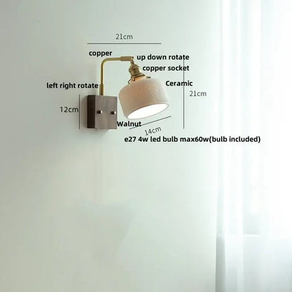 Modern wall light fixture with copper and walnut base and ribbed ceramic shade for bedroom lighting