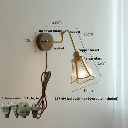 Modern brass and wood wall sconce with copper glass shade amber led and walnut-finished mounting plate decorbites wall sconce