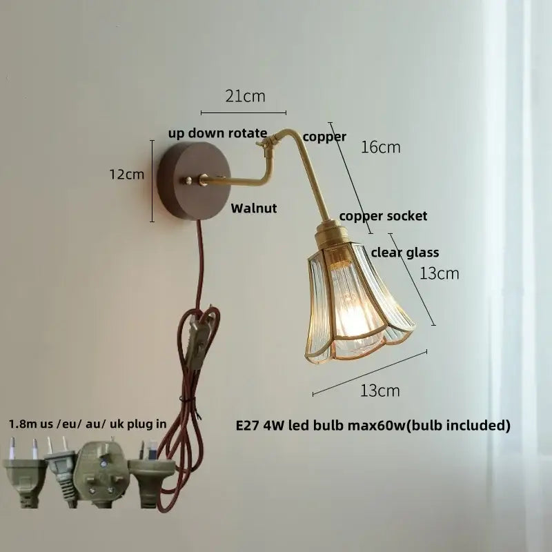 Modern brass and wood wall sconce with copper glass shade amber led and walnut-finished mounting plate decorbites wall sconce