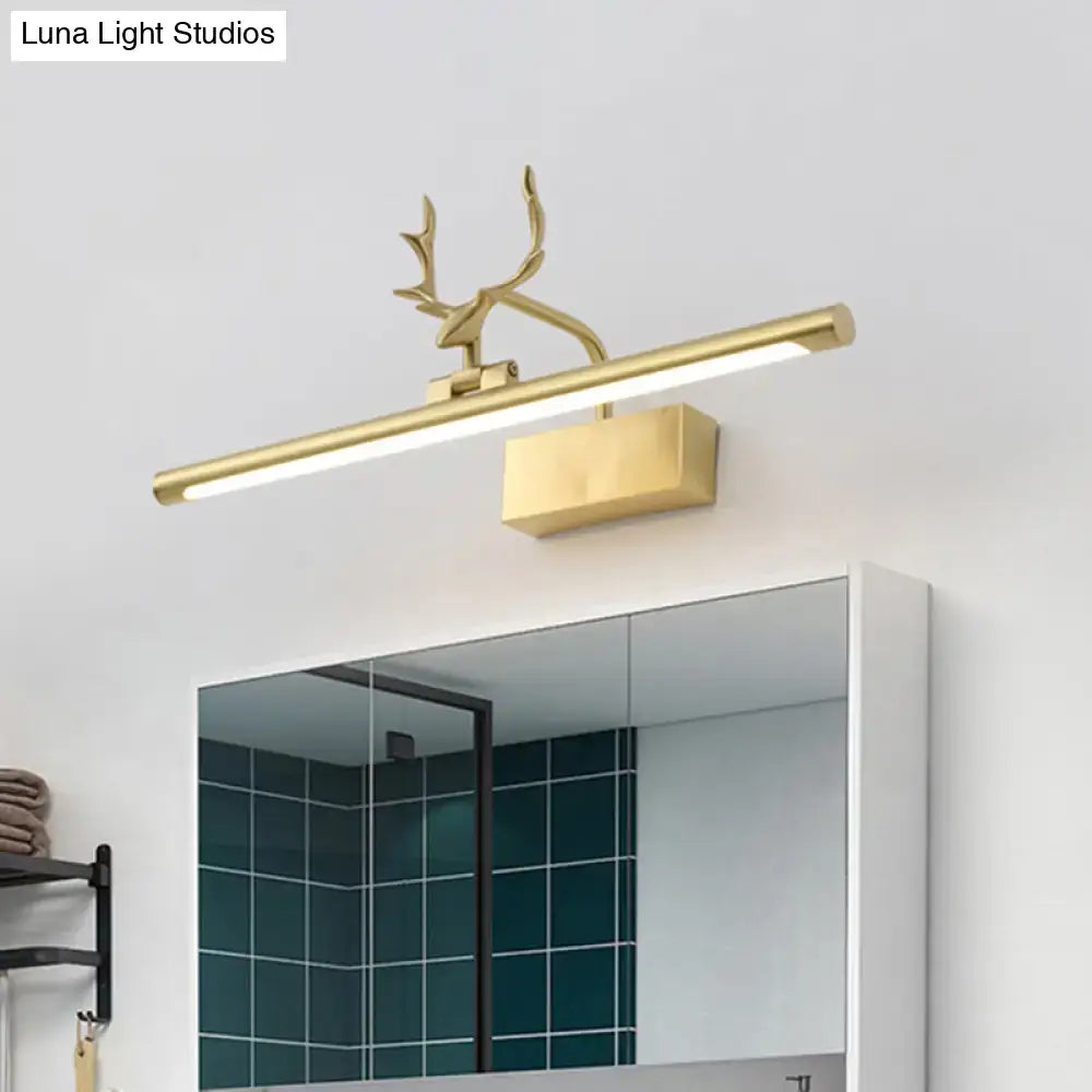 Modern brass antler led wall light in gold with sleek rectangular led bar for bathroom vanity lighting