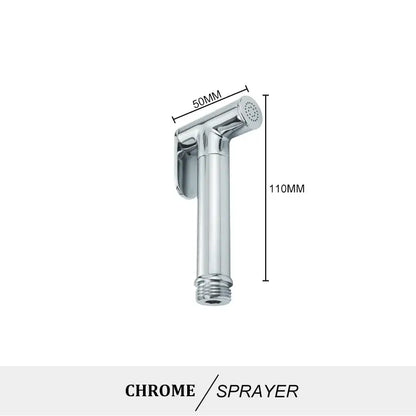 Modern brass bidet spray kit featuring a chrome-finished handheld bidet spray with a sleek cylindrical body and perforated nozzle