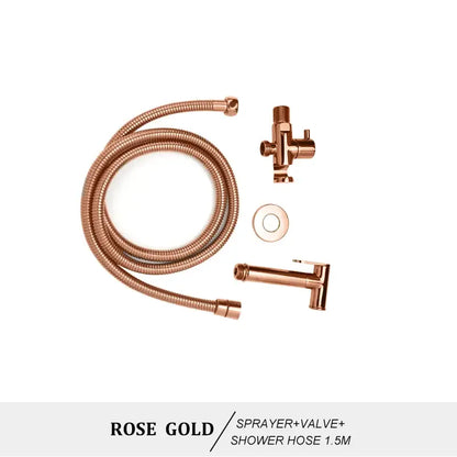 Rose gold modern brass bidet spray kit with coiled hose valve and matching spray head for bathroom use
