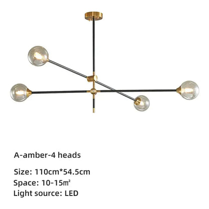 Modern brass and black geometric glass ball chandelier with four amber glass globe lights for dining room decorbites geometric glass
