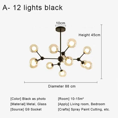 Modern brass and black glass ball pendant chandelier with 12 spherical bulbs for dining room decorbites glass ball design
