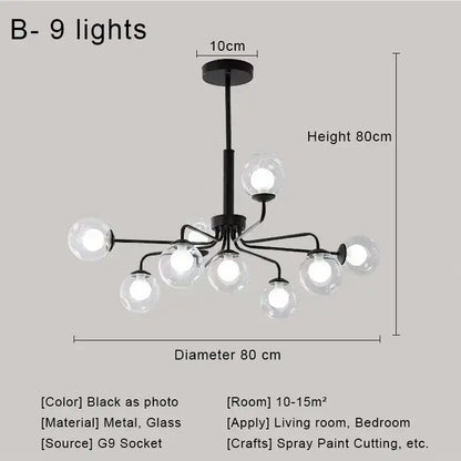 Modern brass and black metal chandelier with nine clear glass ball globe lights for dining room decorbites glass ball pendant