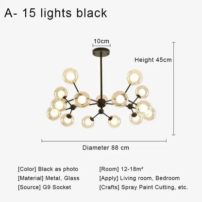 Modern brass and black glass ball pendant chandelier with 15 spherical bulbs for dining room decorbites glass ball design