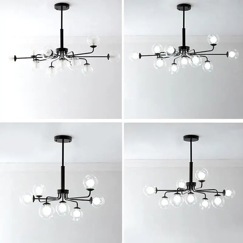 Modern black metal chandelier with multiple clear glass ball pendant bulbs for dining room decorbites glass ball design
