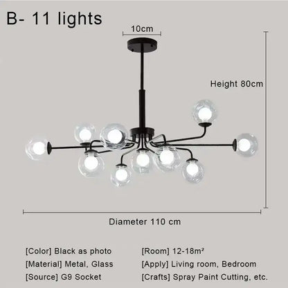 Modern brass and black metal chandelier with 11 decorbites glass ball bulbs for dining room decorball pendant lighting