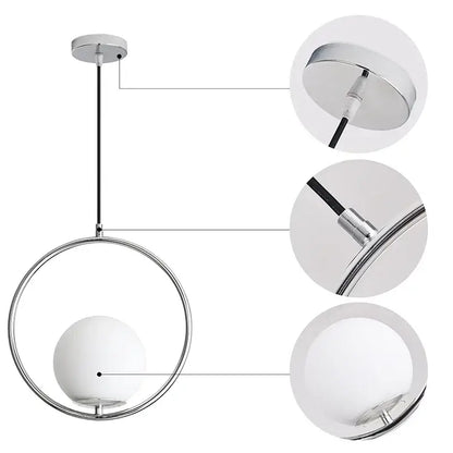 Modern chrome-finished pendant light with a sleek circular frame and white glass ball for dining room decorbites glass ball