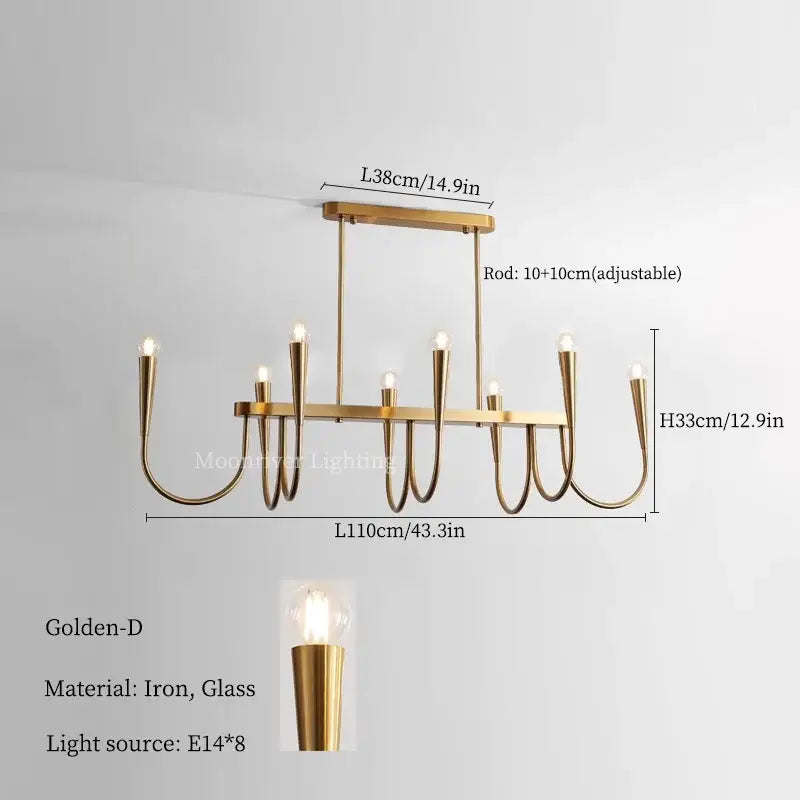 Modern brass black pendant chandelier with brass-finished iron arms and glass shades for kitchen island lighting