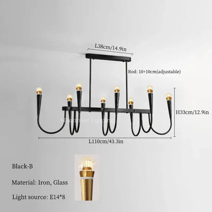 Modern brass black pendant chandelier kitchen island light with black iron frame, eight glass-encased e14 bulbs, and gold accents