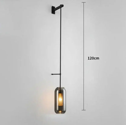 Black metal wall sconce lights with cylindrical smoked glass shade 120cm tall modern brass and black design